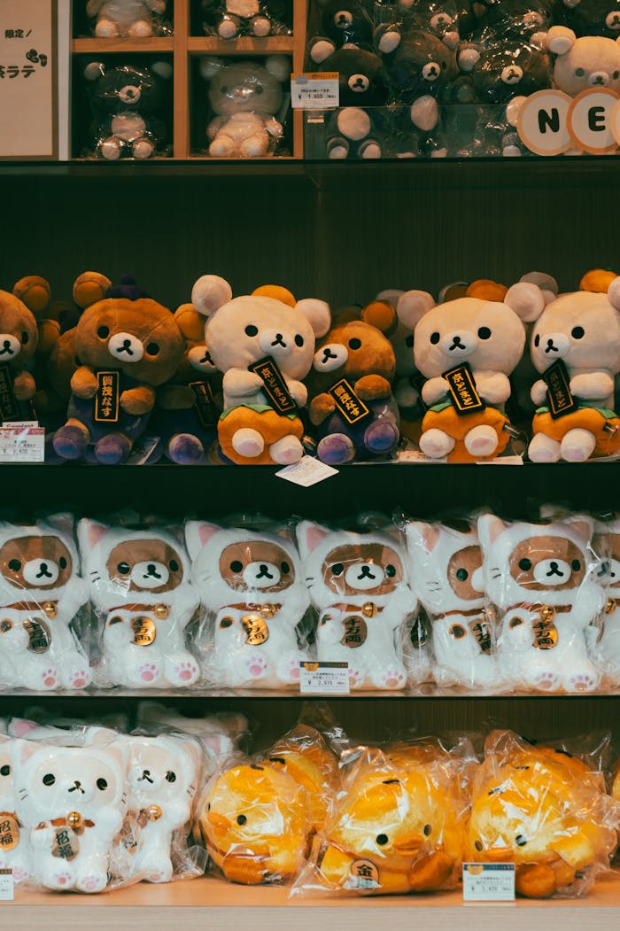 A charming display of cute plush toys in a Kyoto shop, capturing playful and cozy vibes.